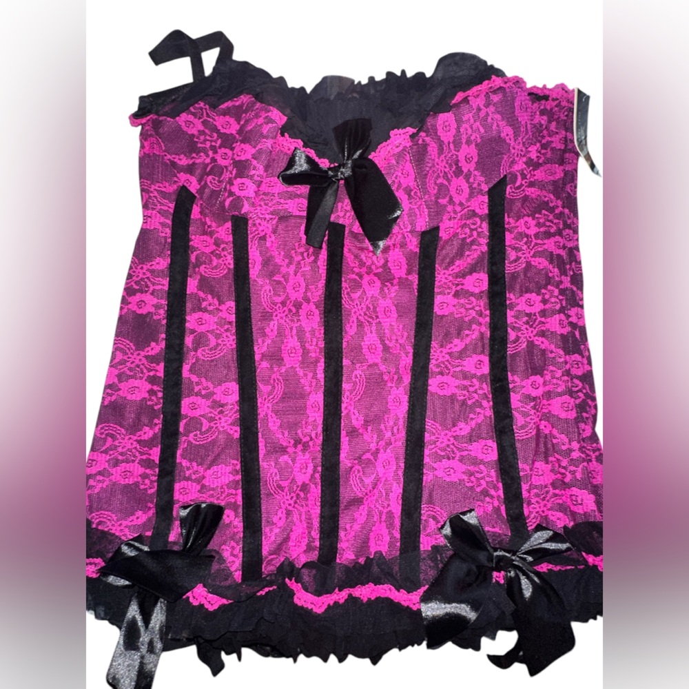 NWT PLUS SZ 2X JUST SEXY LINGERIE PINK FUCHSIA BLACK LACE BUSTIER & THONG SET